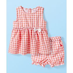 Babyhug Cotton Woven Sleeves  Checks Top & Shorts Sets with Bow Applique - Orange