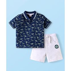 Babyhug Single Jersey Knit Half Sleeves T-Shirt & Shorts Set With Tree Print - Navy Blue & White