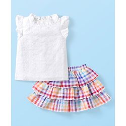 Babyhug Cotton Woven Half Sleeves Schiffli Top & Checkered Frill Skirt Set -  White & Red Yellow Blue