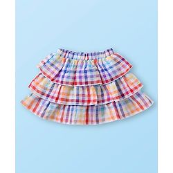 Babyhug Cotton Woven Half Sleeves Schiffli Top & Checkered Frill Skirt Set -  White & Red Yellow Blue