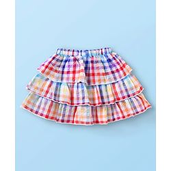 Babyhug Cotton Woven Half Sleeves Schiffli Top & Checkered Frill Skirt Set -  White & Red Yellow Blue