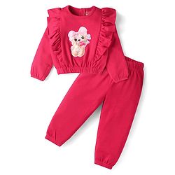 Babyhug Cotton Knit Full Sleeves Frill Detailing T- Shirt with Bear Print & Joggers Set - Red