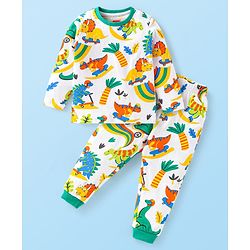 Babyhug Cotton Knit Full Sleeves Night Suit with Dino Print - White