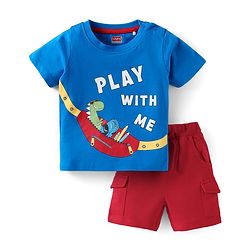 Babyhug Disney Single Jersey Knit Half Sleeves Dino Print T-Shirt & Shorts Set - Red & Blue