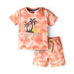 Babyhug Single Jersey Knit Half Sleeves Beach Theme T-Shirt & Shorts Set - Coral