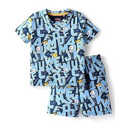Babyhug Single Jersey Knit Half Sleeves Text Printed T-Shirt & Shorts Set - Light Blue