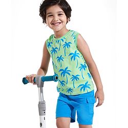 Babyhug Single Jersey Knit Sleeveless Tank T-Shirt & Shorts Set With Tree Print - Light Green & Blue