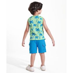 Babyhug Single Jersey Knit Sleeveless Tank T-Shirt & Shorts Set With Tree Print - Light Green & Blue
