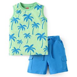 Babyhug Single Jersey Knit Sleeveless Tank T-Shirt & Shorts Set With Tree Print - Light Green & Blue