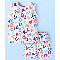 Babyhug Single Jersey Knit  Sleeveless T-Shirt & Shorts Set with Alphabets Print - White