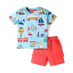 Babyhug Single Jersey Knit Half Sleeves T-Shirt & Shorts Set With Vehicle Print - Light Blue & Red