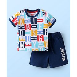 Babyhug Single Jersey Knit Half Sleeves T-Shirt & Shorts Set With Text Print - White & Navy Blue