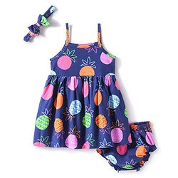 Babyhug Cotton Knit Singlet Sleeves Tropical Theme Frock with Bloomer & Head Band -  Navy Blue
