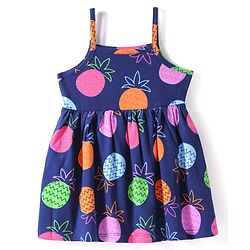 Babyhug Cotton Knit Singlet Sleeves Tropical Theme Frock with Bloomer & Head Band -  Navy Blue