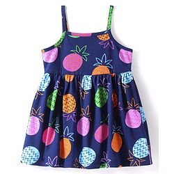 Babyhug Cotton Knit Singlet Sleeves Tropical Theme Frock with Bloomer & Head Band -  Navy Blue