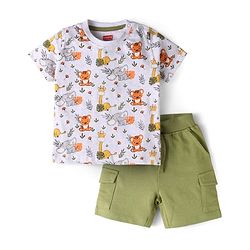 Babyhug Single Jersey Knit Half Sleeves Animal Print T-Shirt & Shorts Set - Olive Green & Grey