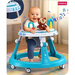 Babyhug Teddy Foldable Baby Walker with Toy Bar Music & Lights - Teal Blue| Adjustable Height| 360° Swivel Wheels| Detachable Toy Bar