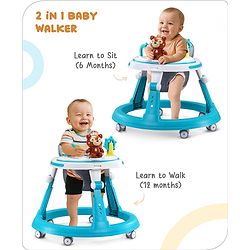 Babyhug Teddy Foldable Baby Walker with Toy Bar Music & Lights - Teal Blue| Adjustable Height| 360° Swivel Wheels| Detachable Toy Bar