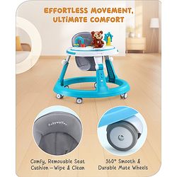 Babyhug Teddy Foldable Baby Walker with Toy Bar Music & Lights - Teal Blue| Adjustable Height| 360° Swivel Wheels| Detachable Toy Bar