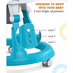 Babyhug Teddy Foldable Baby Walker with Toy Bar Music & Lights - Teal Blue| Adjustable Height| 360° Swivel Wheels| Detachable Toy Bar