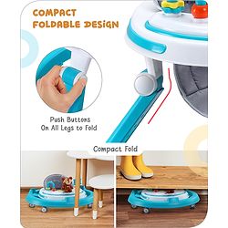 Babyhug Teddy Foldable Baby Walker with Toy Bar Music & Lights - Teal Blue| Adjustable Height| 360° Swivel Wheels| Detachable Toy Bar