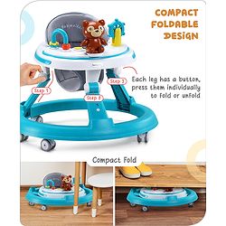 Babyhug Teddy Foldable Baby Walker with Toy Bar Music & Lights - Teal Blue| Adjustable Height| 360° Swivel Wheels| Detachable Toy Bar