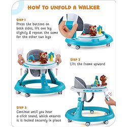 Babyhug Teddy Foldable Baby Walker with Toy Bar Music & Lights - Teal Blue| Adjustable Height| 360° Swivel Wheels| Detachable Toy Bar