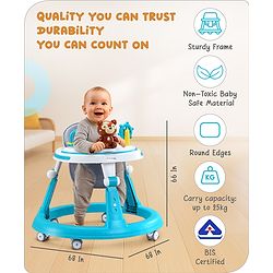 Babyhug Teddy Foldable Baby Walker with Toy Bar Music & Lights - Teal Blue| Adjustable Height| 360° Swivel Wheels| Detachable Toy Bar