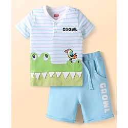 Babyhug Single Jersey Knit Half Sleeves Front Open T-Shirt & Shorts Set With Crocodile Print & Bird Patch - Light Blue