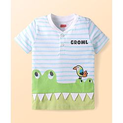 Babyhug Single Jersey Knit Half Sleeves Front Open T-Shirt & Shorts Set With Crocodile Print & Bird Patch - Light Blue