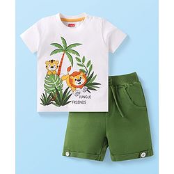 Babyhug Single Jersey Knit Half Sleeves T-Shirt & Shorts Set with Jungle Theme Print - White & Green