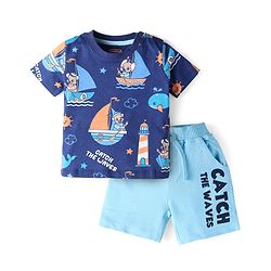 Babyhug Single Jersey Knit Half Sleeves Beach Theme T-Shirt & Shorts Set - Blue