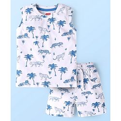 Babyhug Single Jersey Knit Sleeveless Tank T-Shirt & Shorts Set with Jungle Theme Print - White