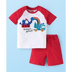 Babyhug Single Jersey Knit Half Raglan Sleeves T-Shirt & Shorts Set With Vehicle & Rainbow Embroidery - White & Red