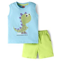 Babyhug Single Jersey Knit Sleeveless T-Shirt and Short Set with Dino Print- Light Blue & Green