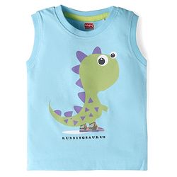 Babyhug Single Jersey Knit Sleeveless T-Shirt and Short Set with Dino Print- Light Blue & Green