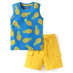 Babyhug Single Jersey Knit Sleeveless T-Shirt and Short Set with Tropical Print- Blue & Yellow