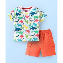Babyhug Single Jersey Knit Half Sleeves T-Shirt & Shorts Set with Dino Print - White & Orange