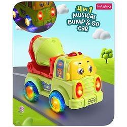 Babyhug 4 in 1 Musical Bump & Go Construction Series Cement Mixer Truck - Green| |BIS Aprroved| Moving Eye | Shape & Color Recognition| Light & Music| Spatial Awareness| Cause & Effect - Yellow