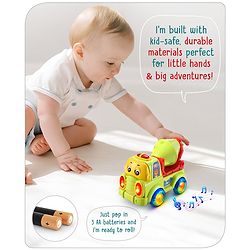 Babyhug 4 in 1 Musical Bump & Go Construction Series Cement Mixer Truck - Green| |BIS Aprroved| Moving Eye | Shape & Color Recognition| Light & Music| Spatial Awareness| Cause & Effect - Yellow