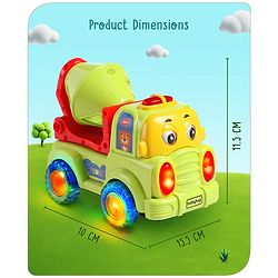 Babyhug 4 in 1 Musical Bump & Go Construction Series Cement Mixer Truck - Green| |BIS Aprroved| Moving Eye | Shape & Color Recognition| Light & Music| Spatial Awareness| Cause & Effect - Yellow