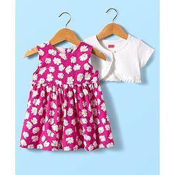 Babyhug Cotton Woven Half Sleeves Shrug & Frock With Floral Print - Dark Pink