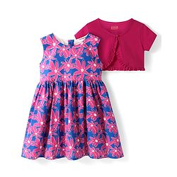 Babyhug Cotton Woven Floral Printed Frock with Half Sleeves Solid Shrug - Blue & Red