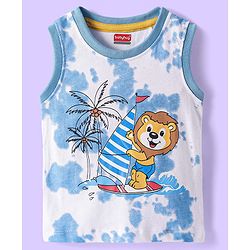 Babyhug Cotton Knit Sleeveless Tank T-Shirt with Beach Theme Print - White