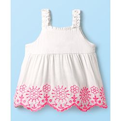 Babyhug Woven Sleeveless Top With Floral Embroidery - White