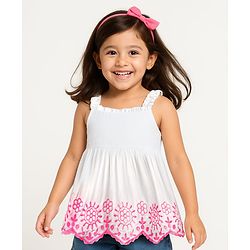 Babyhug Woven Sleeveless Top With Floral Embroidery - White