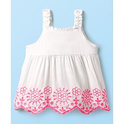 Babyhug Woven Sleeveless Top With Floral Embroidery - White