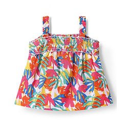 Babyhug Sleeveless Top with Tropical Print & Smock Detailing- Red & White