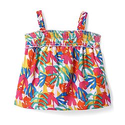 Babyhug Sleeveless Top with Tropical Print & Smock Detailing- Red & White