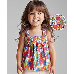 Babyhug Sleeveless Top with Tropical Print & Smock Detailing- Red & White